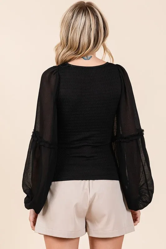 Hazel Blues® |  Mittoshop Mixed Media Textured Knit Chiffon Long Sleeve Top