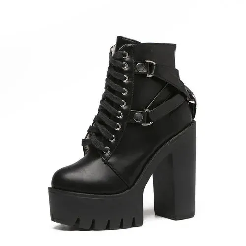 Heel Spring Autumn Lace-up Soft Leather Boots