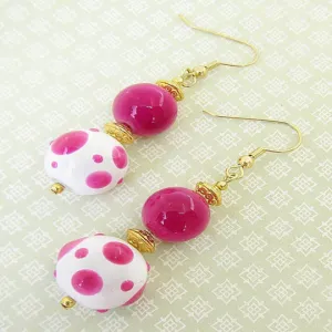 Hot Pink And Bright White Lamp Work Beaded Earrings