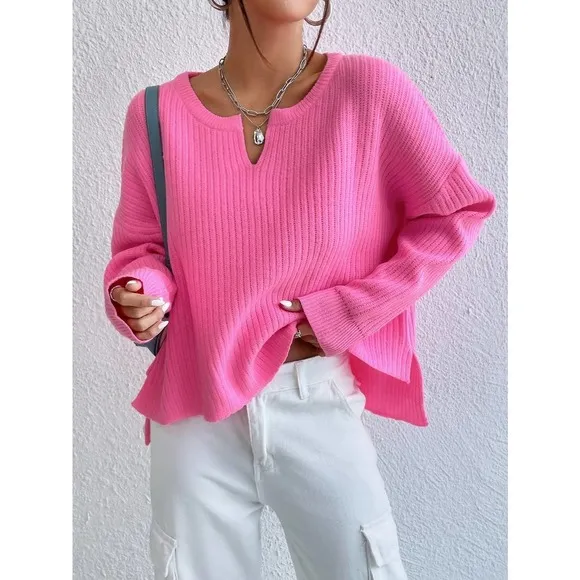 Hot pink barbie Notched Neck Drop Shoulder Split Hem Sweater