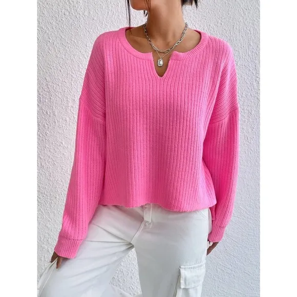Hot pink barbie Notched Neck Drop Shoulder Split Hem Sweater