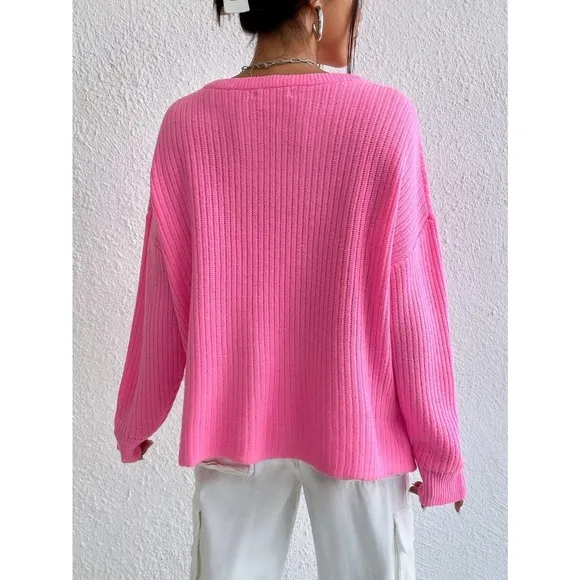 Hot pink barbie Notched Neck Drop Shoulder Split Hem Sweater