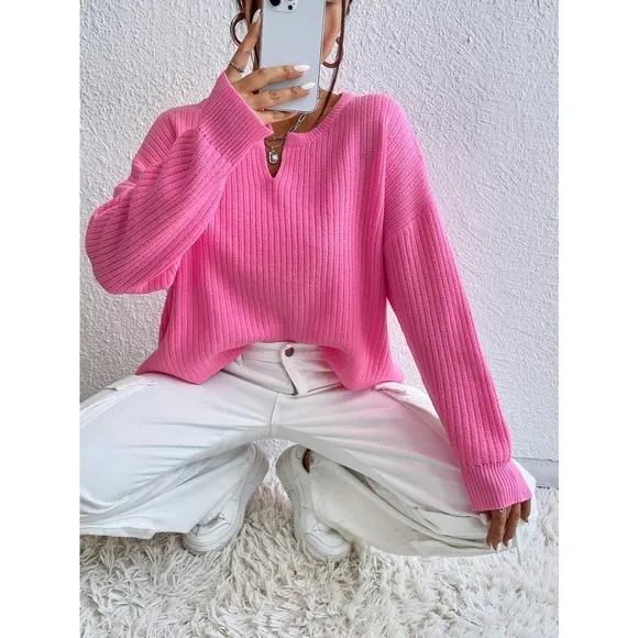 Hot pink barbie Notched Neck Drop Shoulder Split Hem Sweater