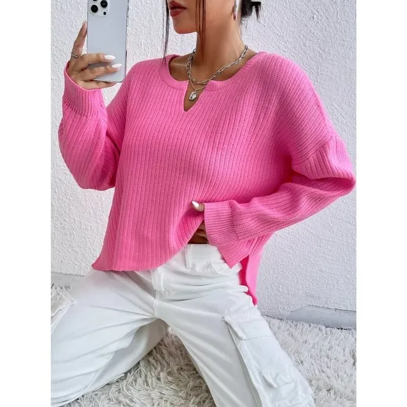 Hot pink barbie Notched Neck Drop Shoulder Split Hem Sweater