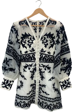 Karen Millen Ivory and Black Petite Baroque Applique Woven Mini Dress UK 4