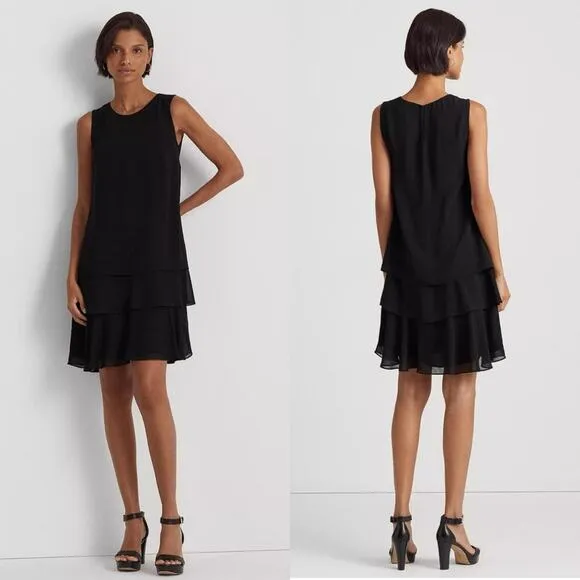 Lauren Ralph Lauren Black label Georgette Shift tiered Dress classic Black Sz 14