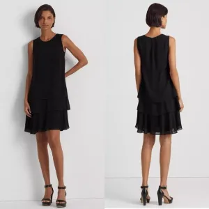 Lauren Ralph Lauren Black label Georgette Shift tiered Dress classic Black Sz 14