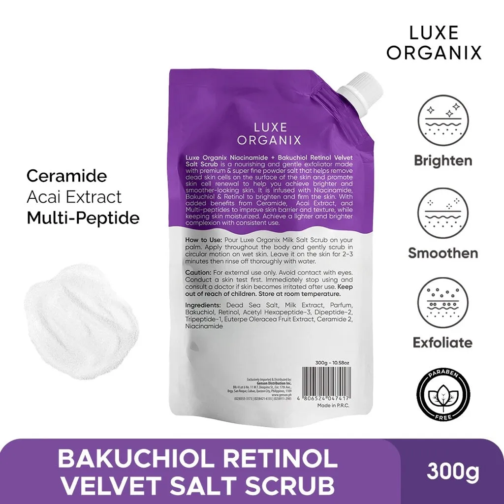 Luxe Organix Niacinamide   Bakuchiol Retinol Velvet Shower Salt Scrub 300g