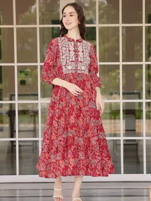 Maroon Cotton Tiered Midi Dress