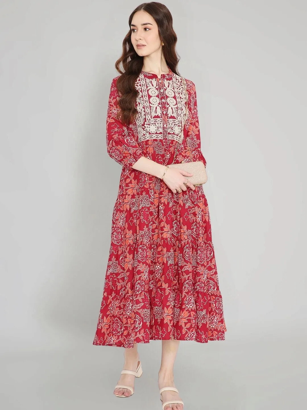 Maroon Cotton Tiered Midi Dress