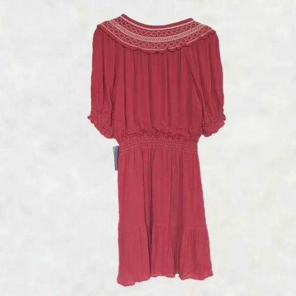 Max Studio Short Puff Sleeve Keyhole Neck Smocked Waist Dress Watermelon - sz XL