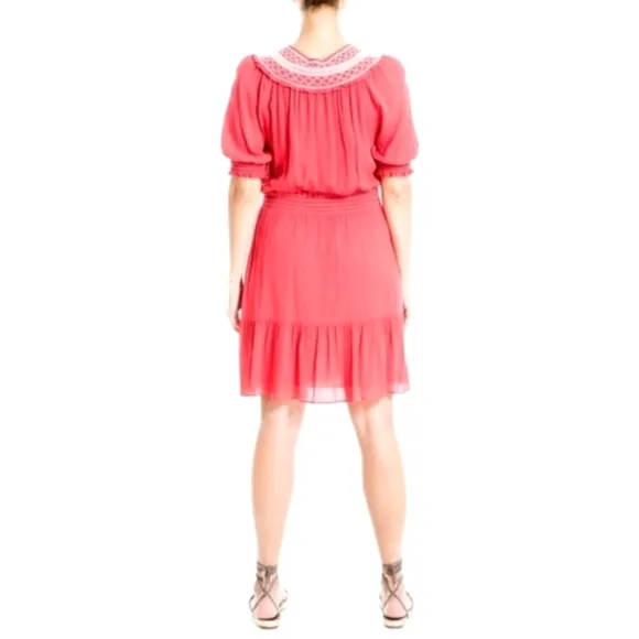 Max Studio Short Puff Sleeve Keyhole Neck Smocked Waist Dress Watermelon - sz XL