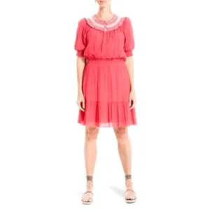Max Studio Short Puff Sleeve Keyhole Neck Smocked Waist Dress Watermelon - sz XL