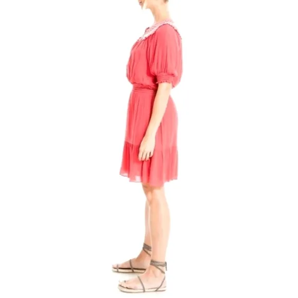 Max Studio Short Puff Sleeve Keyhole Neck Smocked Waist Dress Watermelon - sz XL