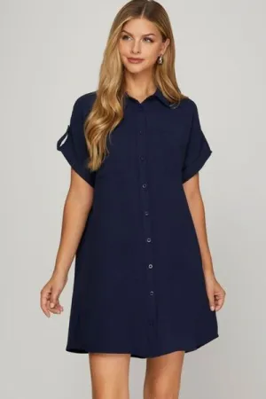 Navy Button Down Short Sleeve Woven Shirt Dress