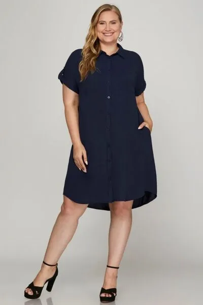 Navy Button Down Short Sleeve Woven Shirt Dress
