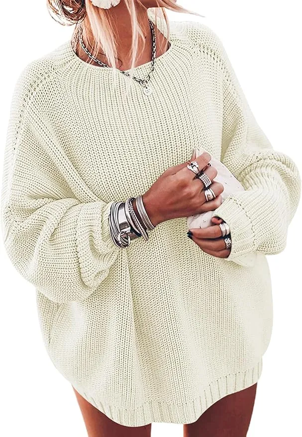 NEW Ugerlov Women Loose Plus Size Round Neck Pullover Solid Color Knit Sweater Pullover Ivory Size M/L