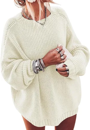 NEW Ugerlov Women Loose Plus Size Round Neck Pullover Solid Color Knit Sweater Pullover Ivory Size M/L