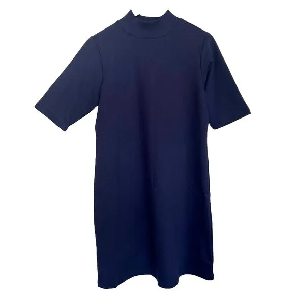 NWT Ether Women's Short Sleeves Mock Neck Midi Blue Tshirt Shift Dress Size M