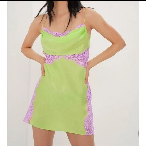 NWT For Love &amp; Lemons  Silky Slip Dress  Lime Green and Purple Lace Slip Dress S