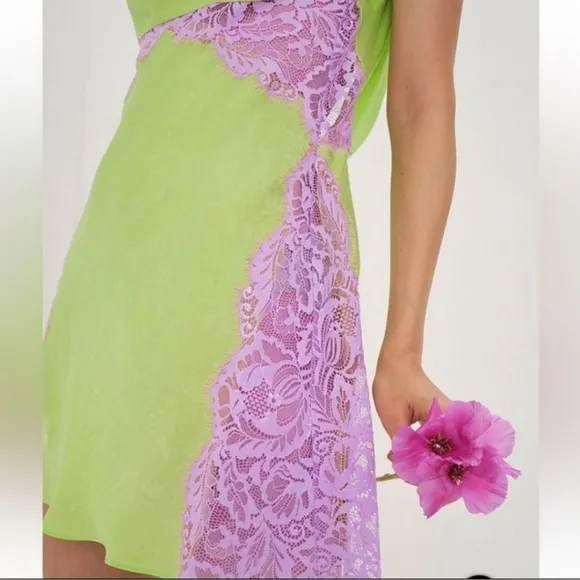 NWT For Love &amp; Lemons  Silky Slip Dress  Lime Green and Purple Lace Slip Dress S