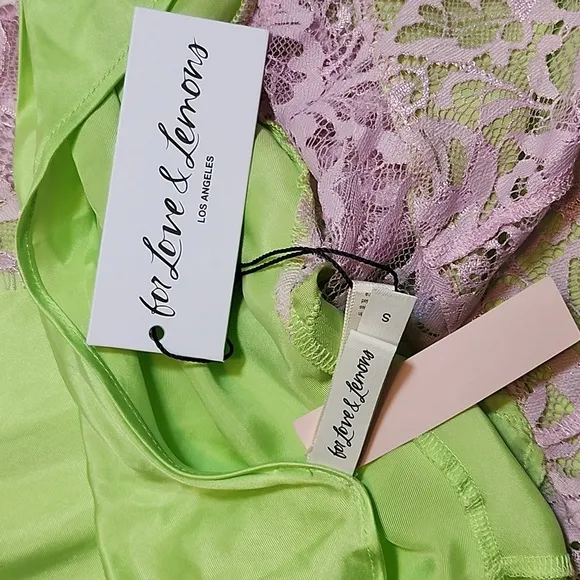 NWT For Love &amp; Lemons  Silky Slip Dress  Lime Green and Purple Lace Slip Dress S
