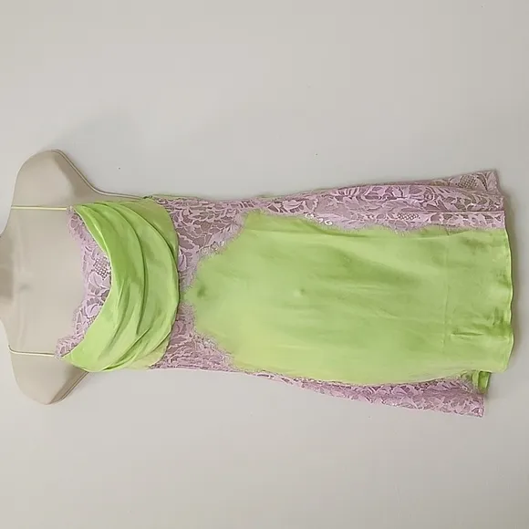 NWT For Love &amp; Lemons  Silky Slip Dress  Lime Green and Purple Lace Slip Dress S