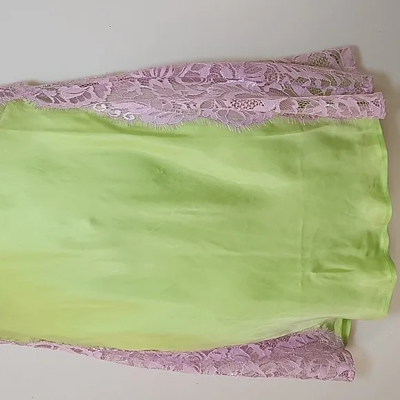 NWT For Love &amp; Lemons  Silky Slip Dress  Lime Green and Purple Lace Slip Dress S