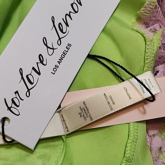 NWT For Love &amp; Lemons  Silky Slip Dress  Lime Green and Purple Lace Slip Dress S