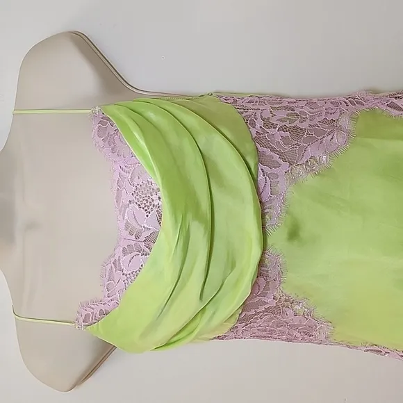 NWT For Love &amp; Lemons  Silky Slip Dress  Lime Green and Purple Lace Slip Dress S