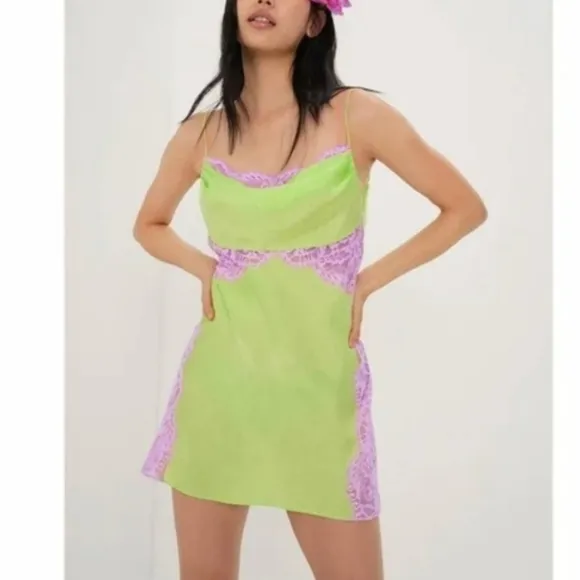 NWT For Love &amp; Lemons  Silky Slip Dress  Lime Green and Purple Lace Slip Dress S