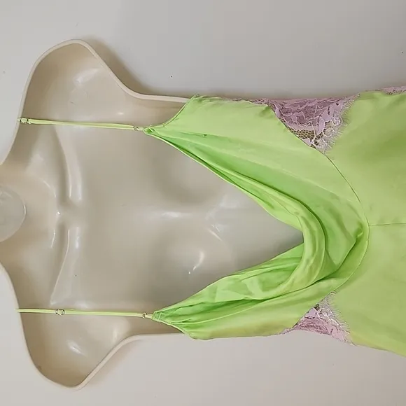 NWT For Love &amp; Lemons  Silky Slip Dress  Lime Green and Purple Lace Slip Dress S