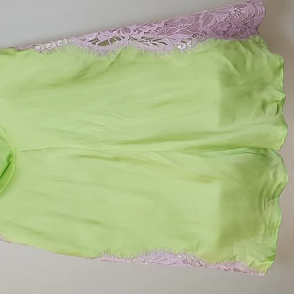 NWT For Love &amp; Lemons  Silky Slip Dress  Lime Green and Purple Lace Slip Dress S