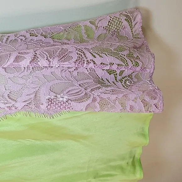 NWT For Love &amp; Lemons  Silky Slip Dress  Lime Green and Purple Lace Slip Dress S