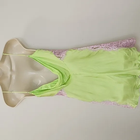 NWT For Love &amp; Lemons  Silky Slip Dress  Lime Green and Purple Lace Slip Dress S