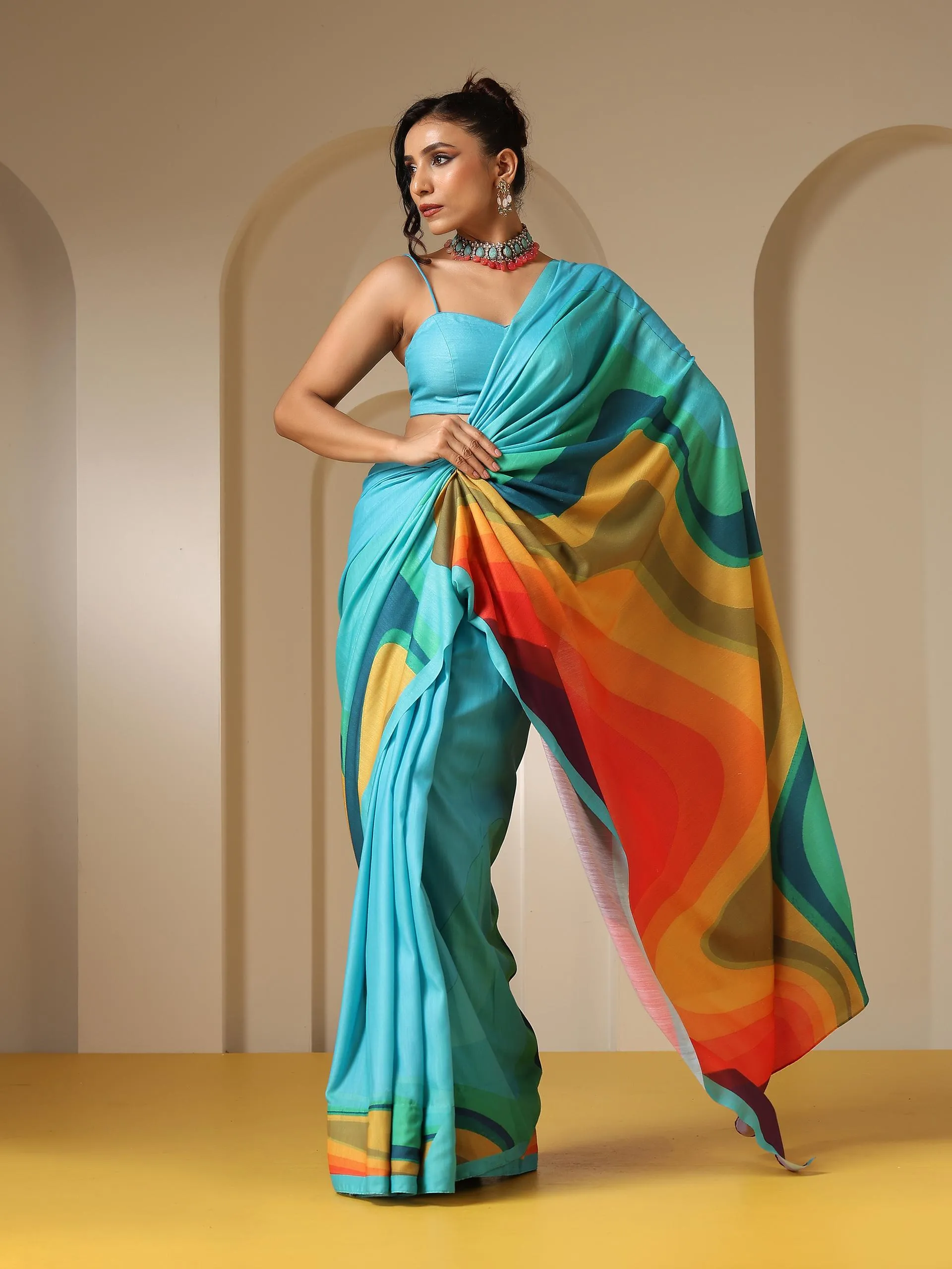 Ocean Blue Soft Linen Blend Saree with Blouse Fabric