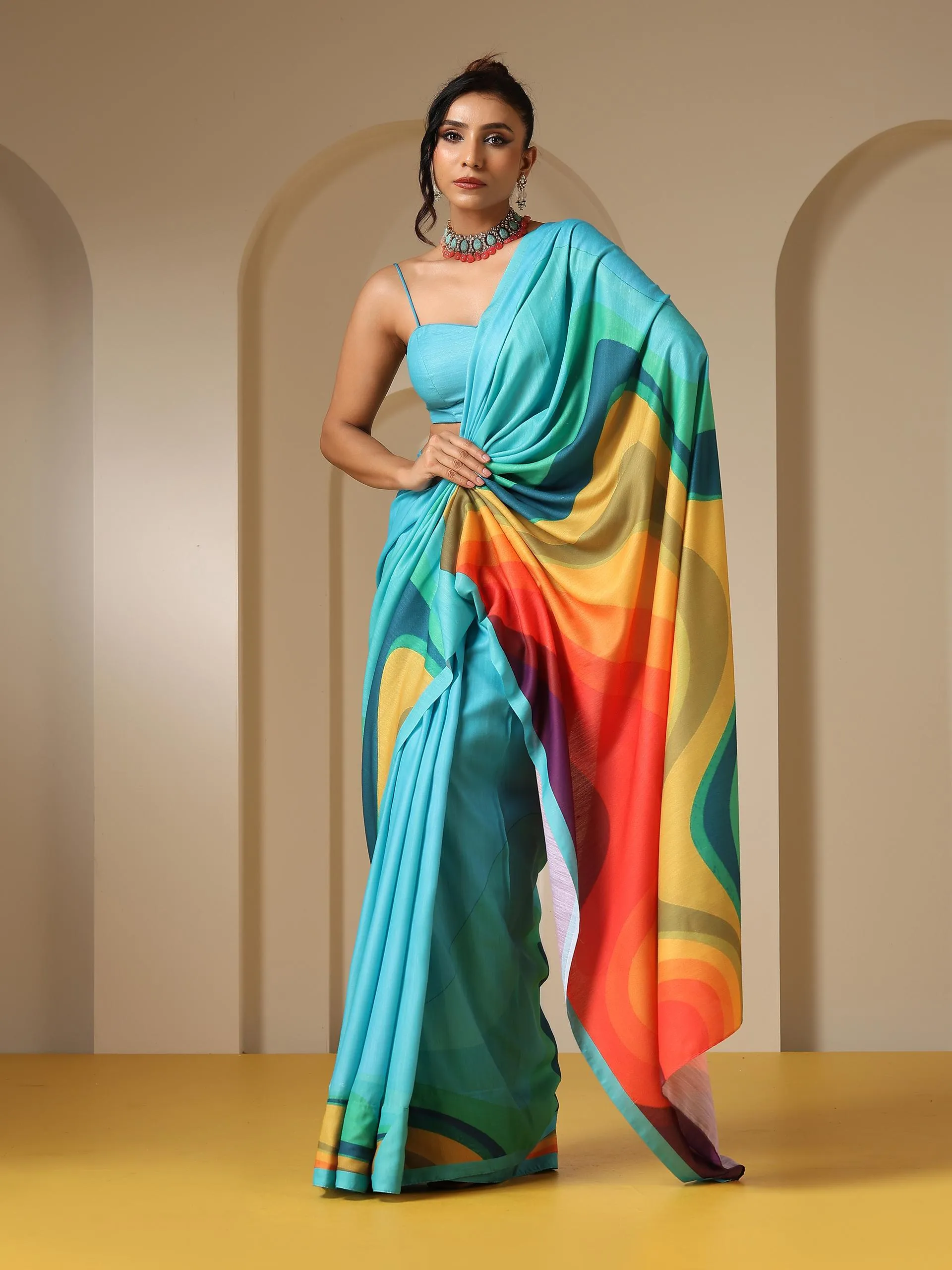 Ocean Blue Soft Linen Blend Saree with Blouse Fabric