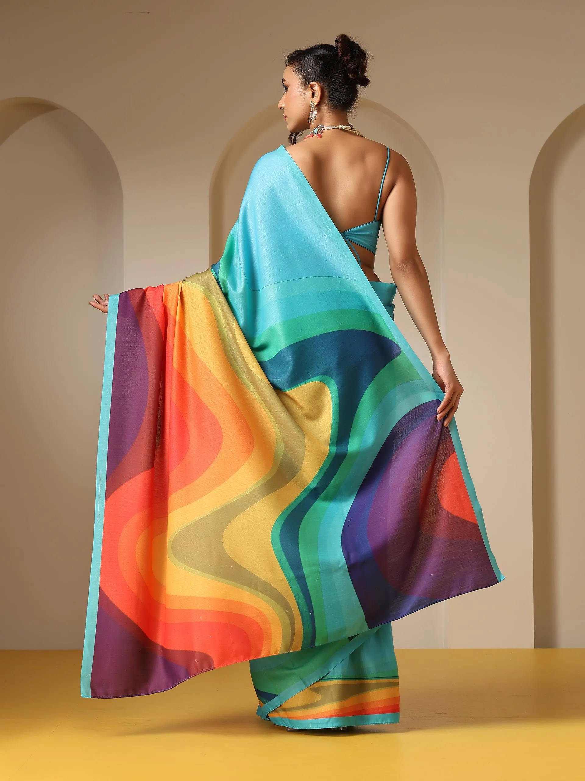 Ocean Blue Soft Linen Blend Saree with Blouse Fabric