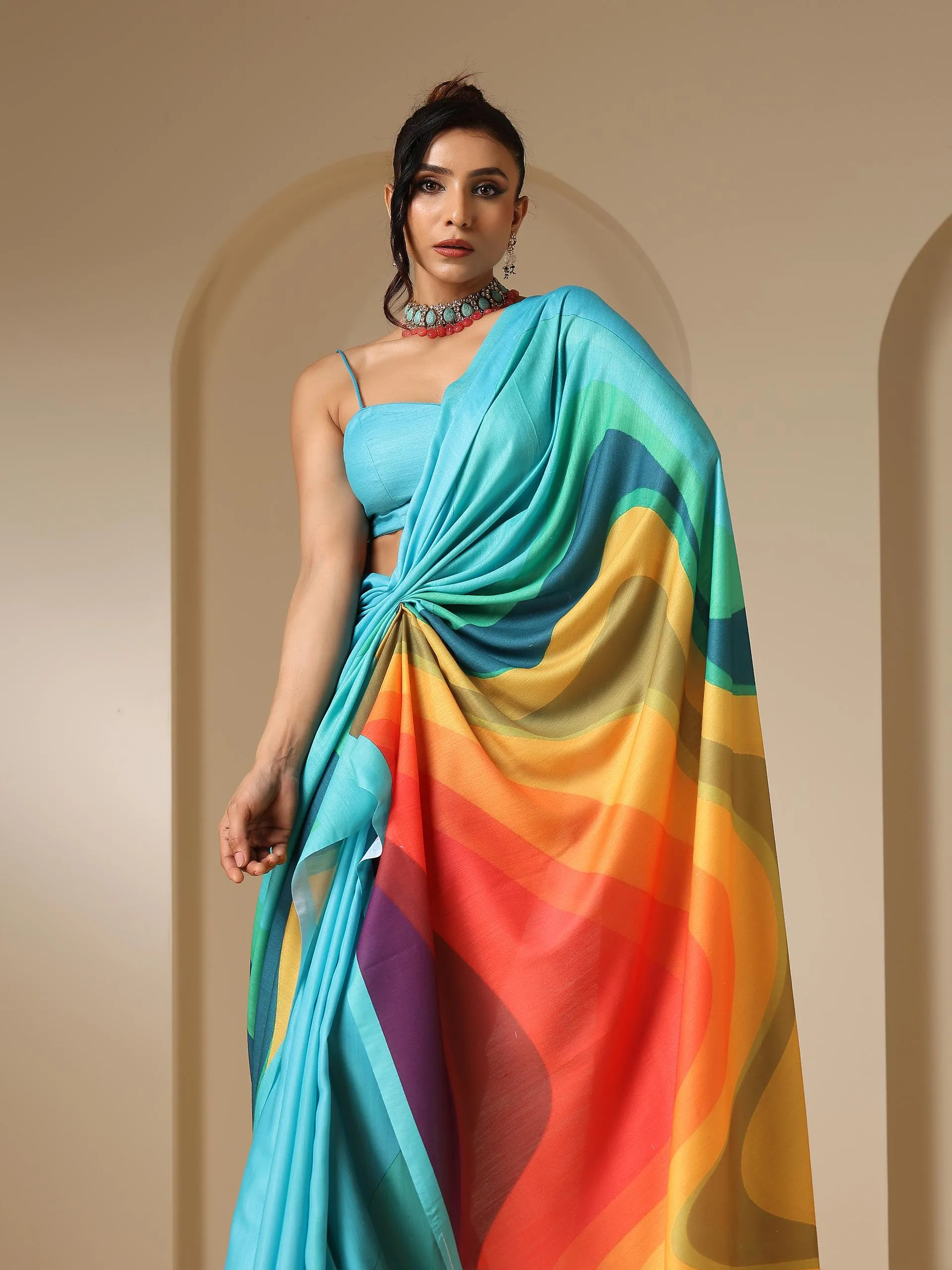 Ocean Blue Soft Linen Blend Saree with Blouse Fabric