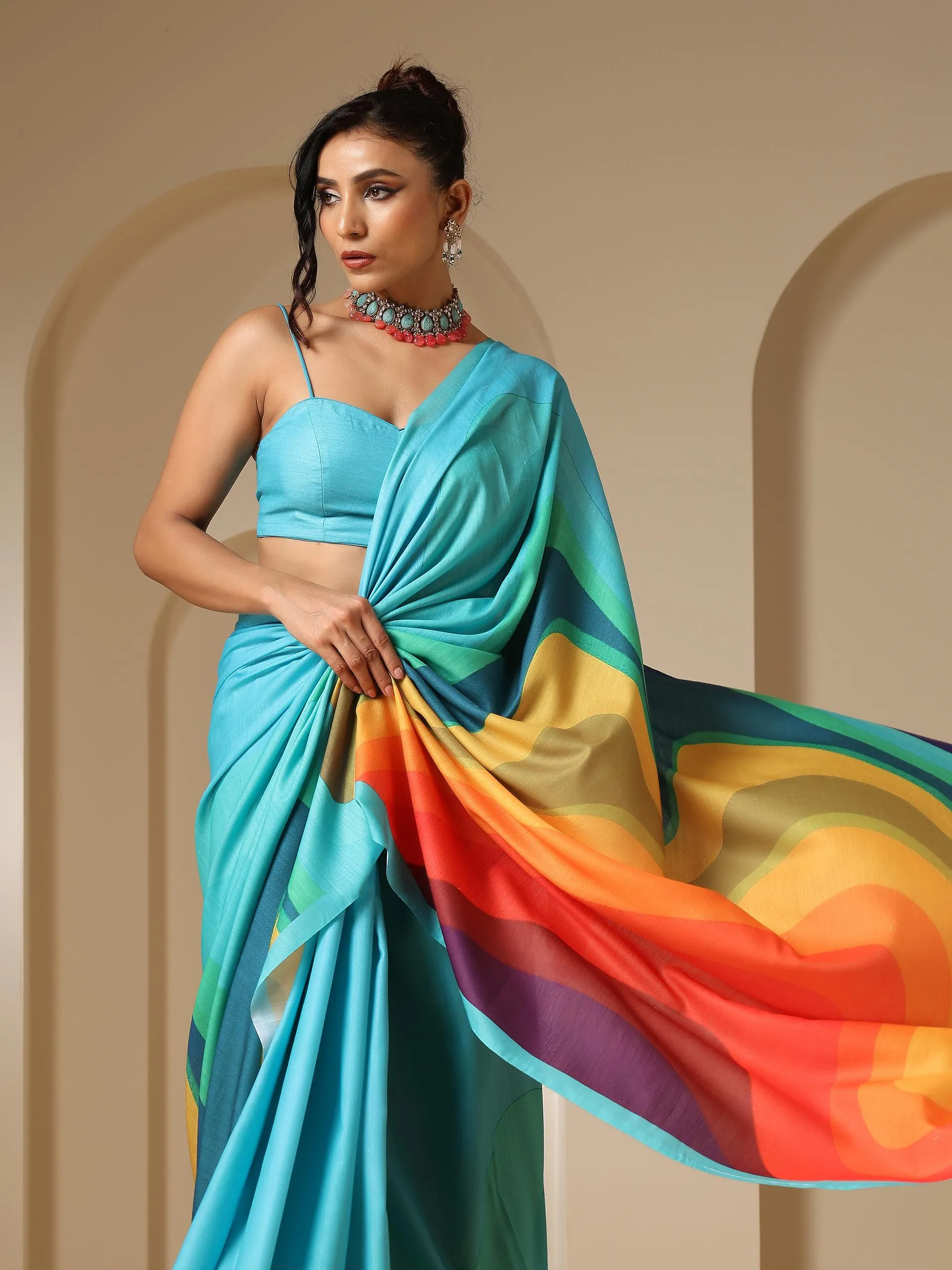 Ocean Blue Soft Linen Blend Saree with Blouse Fabric