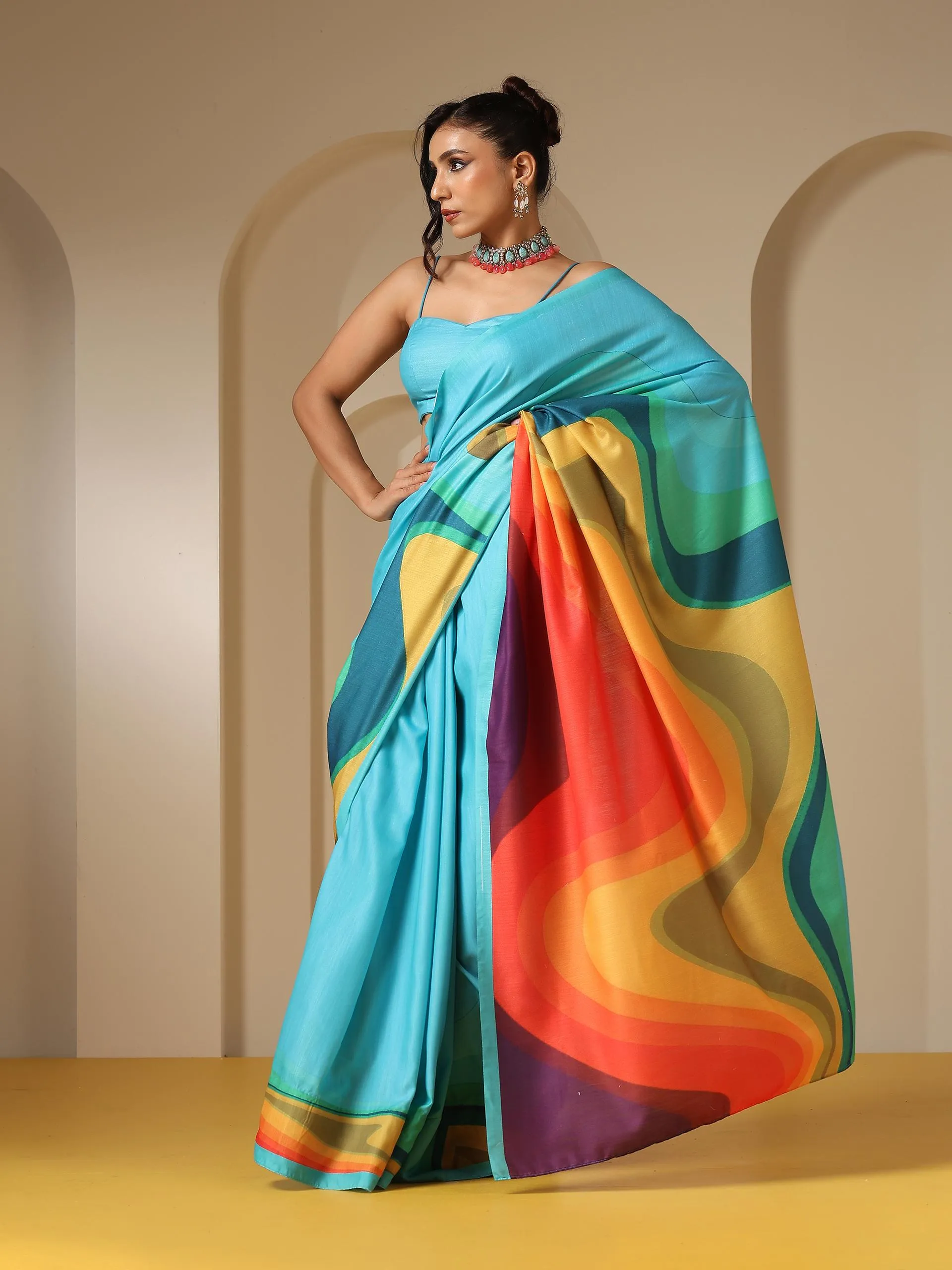 Ocean Blue Soft Linen Blend Saree with Blouse Fabric