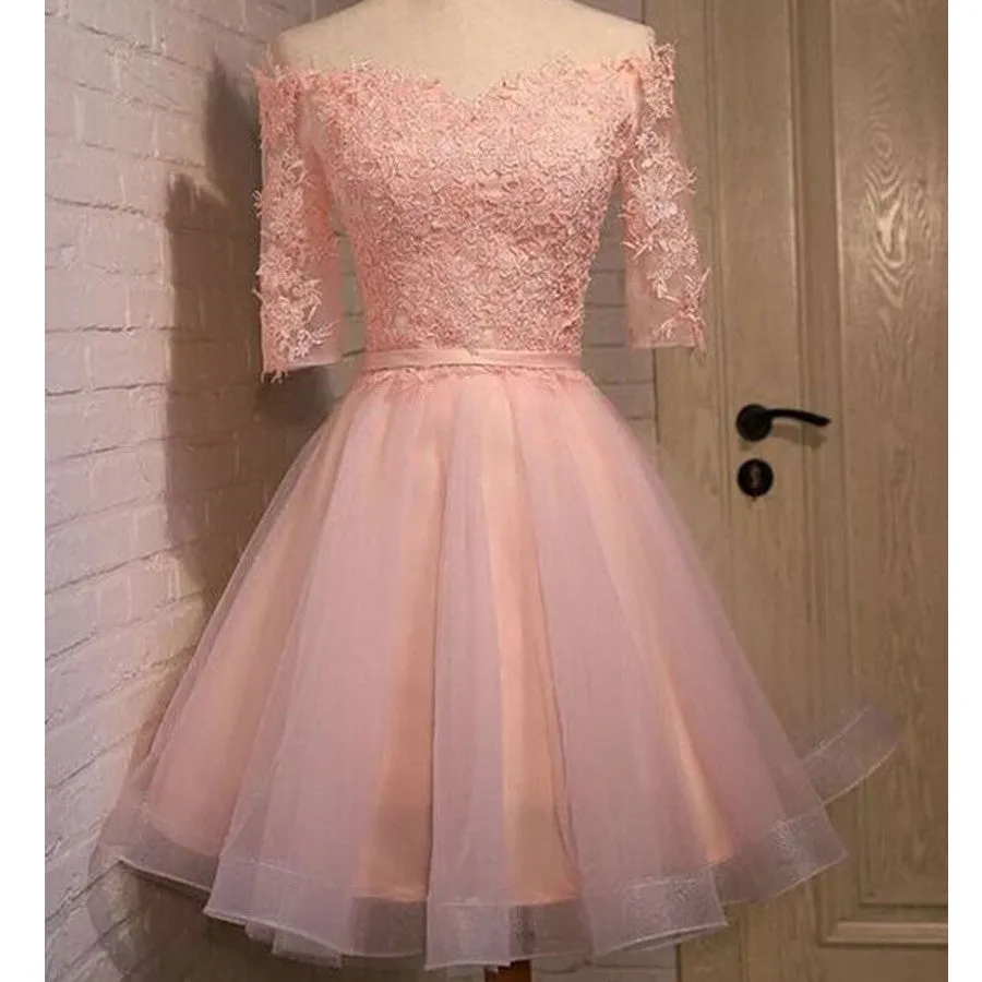pink lace off shoulder with half sleeve cute freshman graduation homecoming dresses,BD00125