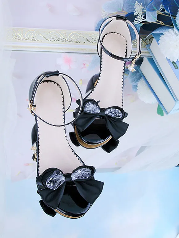 ROCOCO Style Lolita Sandals Black Red Bows PU Leather Pointed Toe Lolita Summer Shoes