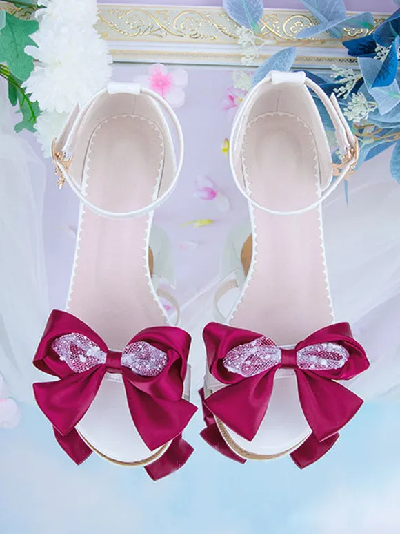 ROCOCO Style Lolita Sandals Black Red Bows PU Leather Pointed Toe Lolita Summer Shoes