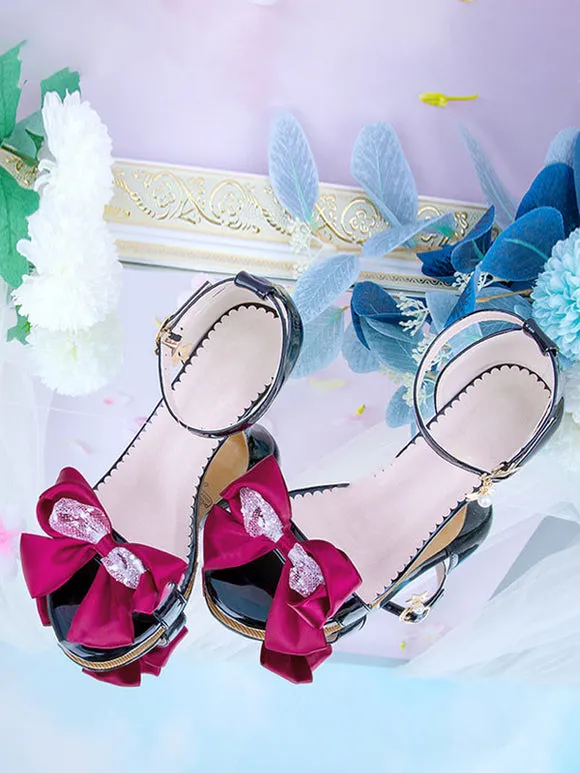 ROCOCO Style Lolita Sandals Black Red Bows PU Leather Pointed Toe Lolita Summer Shoes
