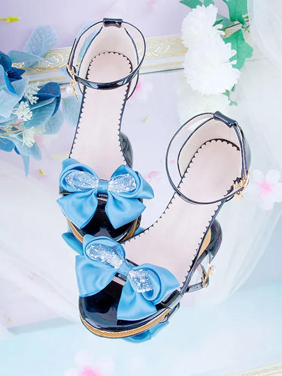 ROCOCO Style Lolita Sandals Black Red Bows PU Leather Pointed Toe Lolita Summer Shoes
