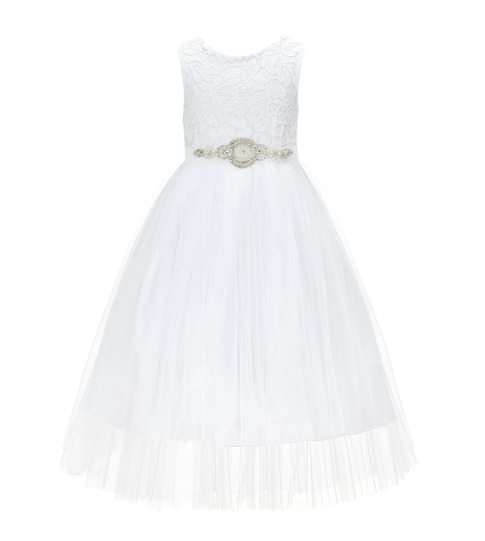 Scalloped V-Back Lace A-Line Flower Girl Dress Communion Baptism Wedding Reception Ballroom 207R7