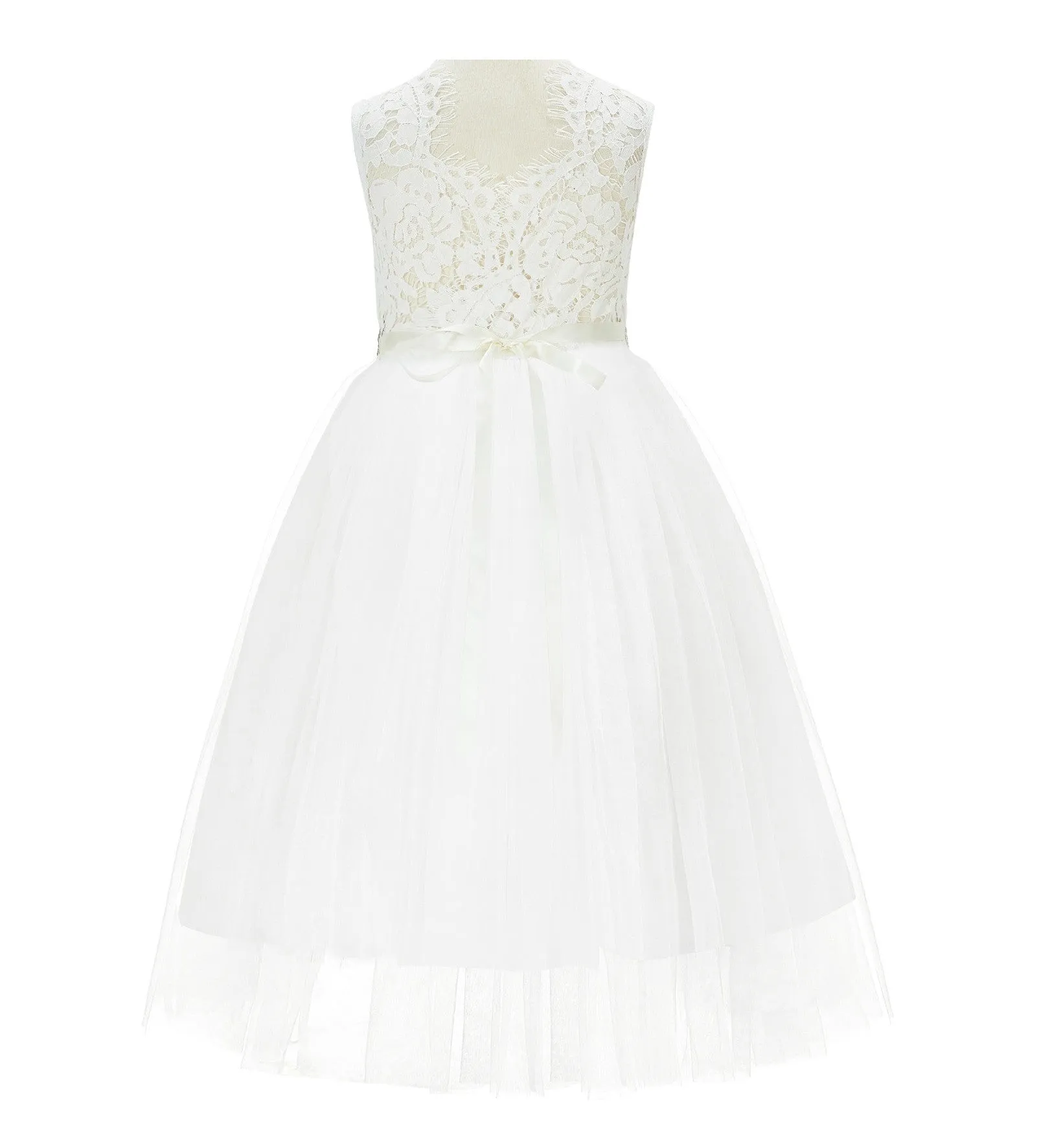 Scalloped V-Back Lace A-Line Flower Girl Dress Communion Baptism Wedding Reception Ballroom 207R7