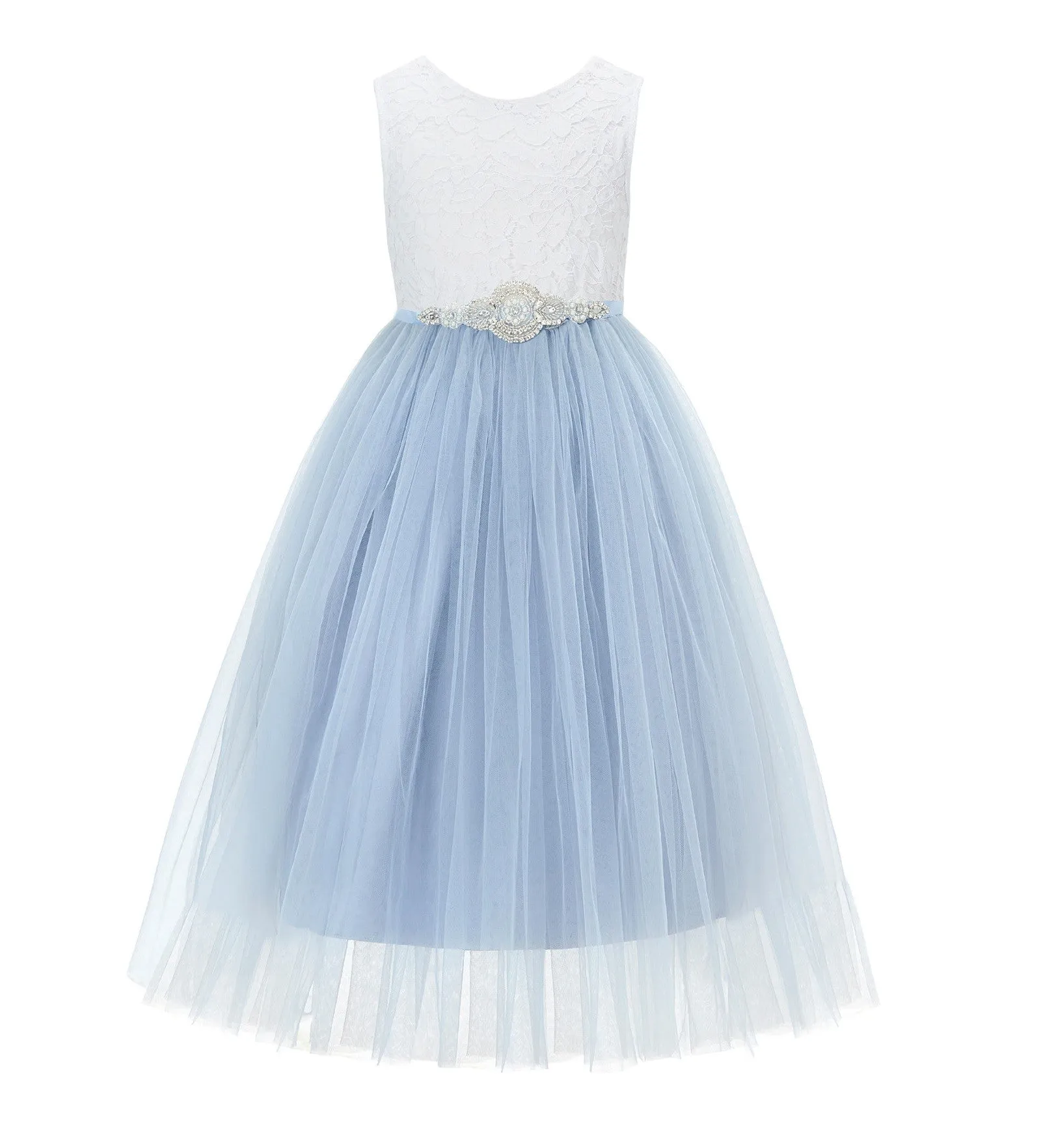 Scalloped V-Back Lace A-Line Flower Girl Dress Communion Baptism Wedding Reception Ballroom 207R7
