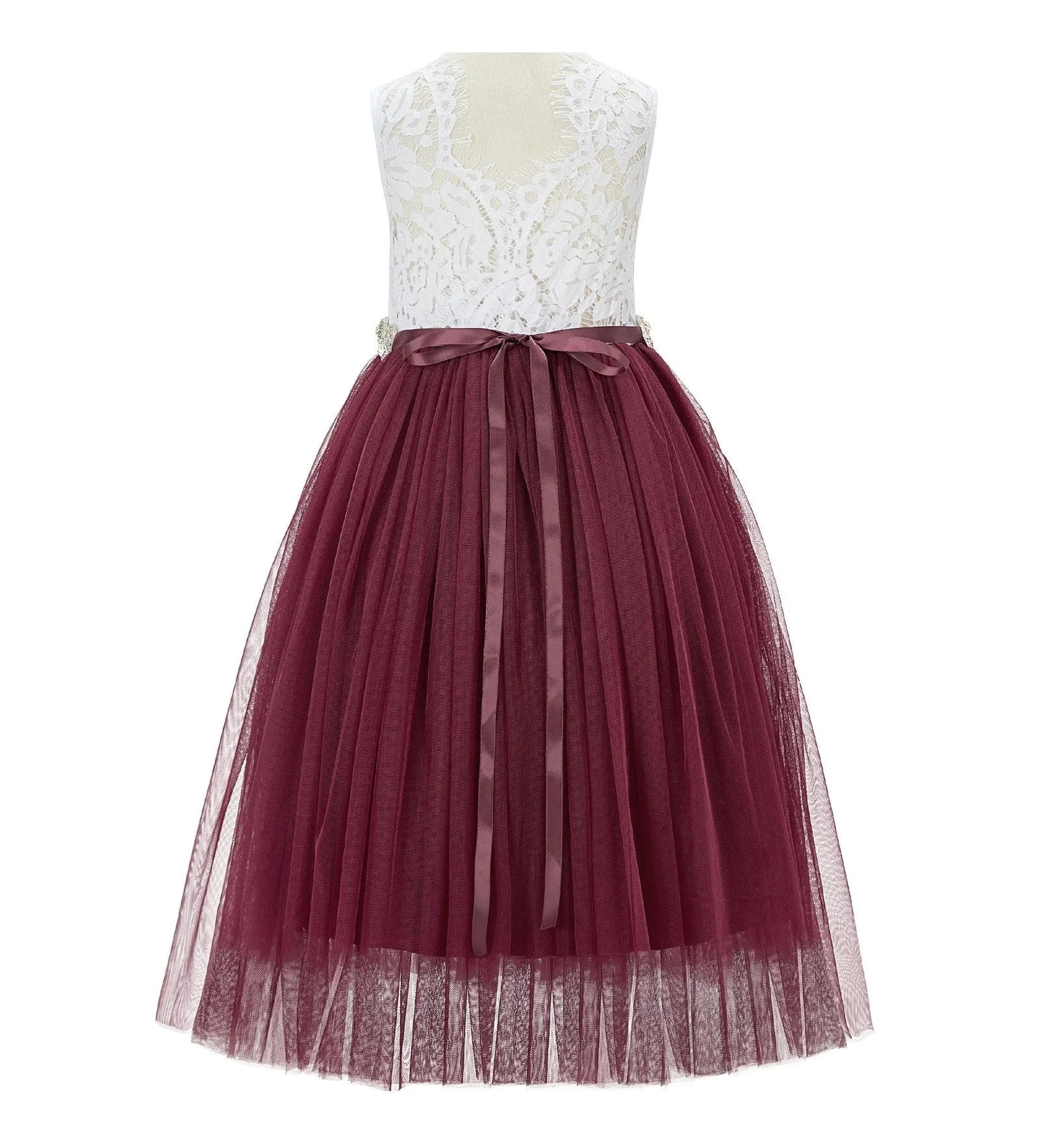 Scalloped V-Back Lace A-Line Flower Girl Dress Communion Baptism Wedding Reception Ballroom 207R7